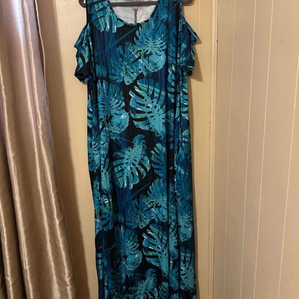 Tropical Leaf Print Maxi Dress - Blue